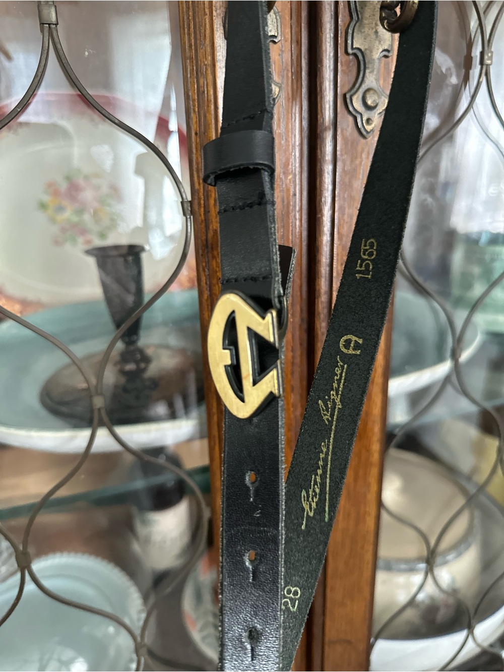 Vintage Etienne Aigner Black Leather Belt with Gold Buckle